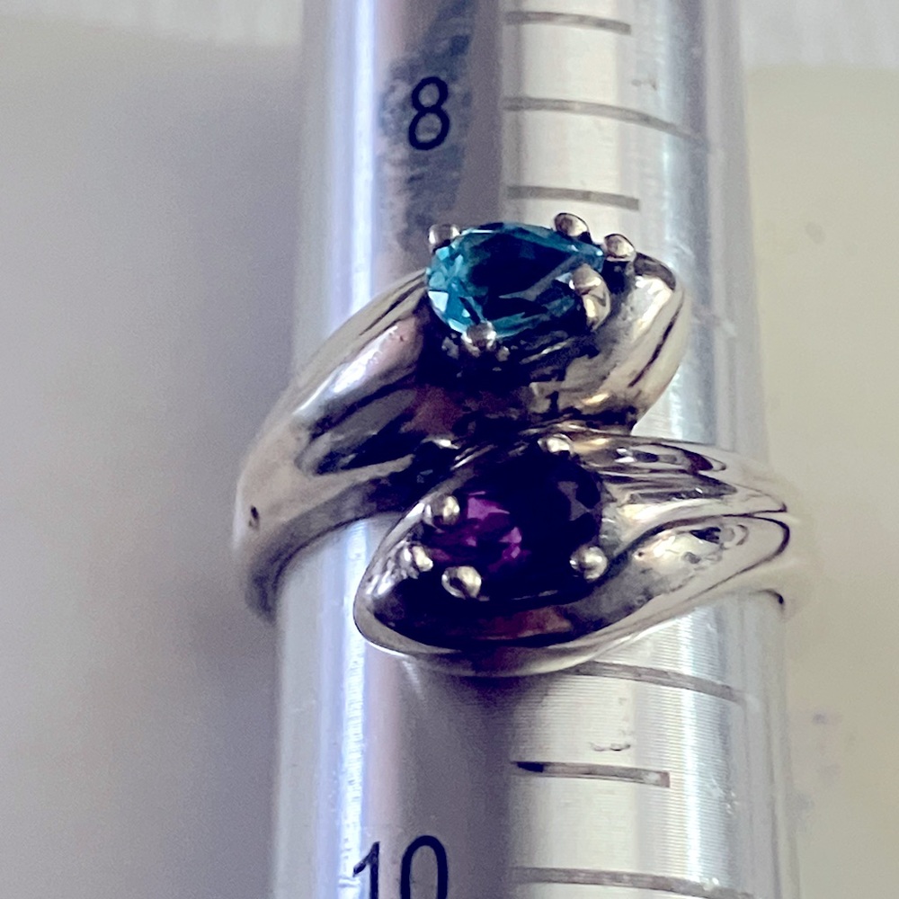 JED amethyst and topaz gems in substantial sterling silver bypass ring.